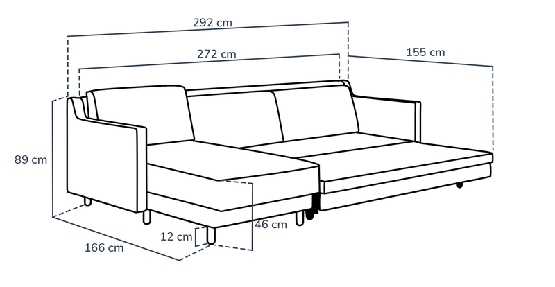 Losa Slim 292 x 166 Corner sofa bed cylindrical wooden leg - velvet